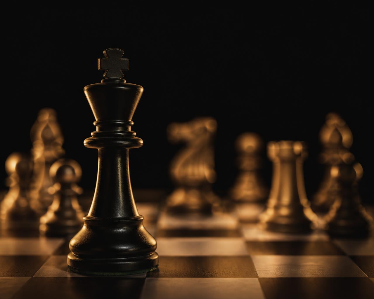 A black chess king standing on a wooden board with pieces behind